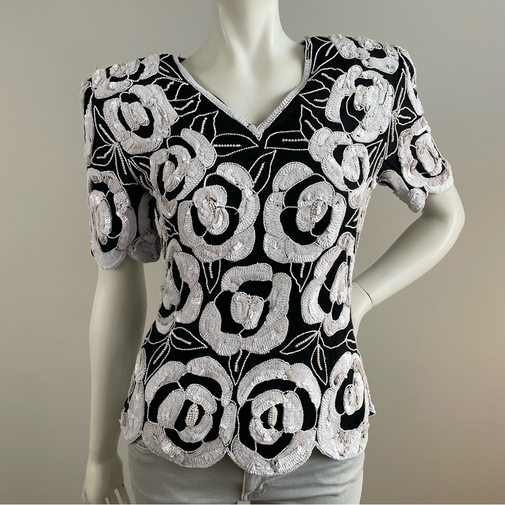 VINTAGE STENAY Silk Sequin Floral V-Neck Top